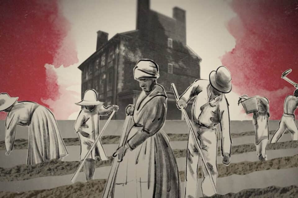 illustration of enslaved people working in front of house